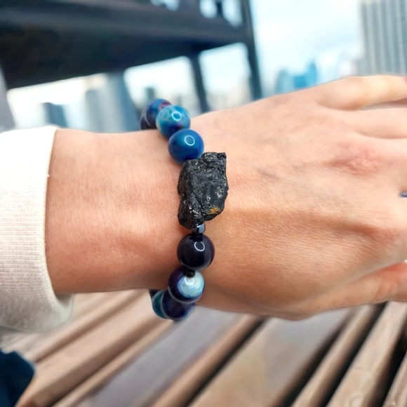 Blue Lace Agate Black Tourmaline bracelet 10 mm - Picture 2 of 5